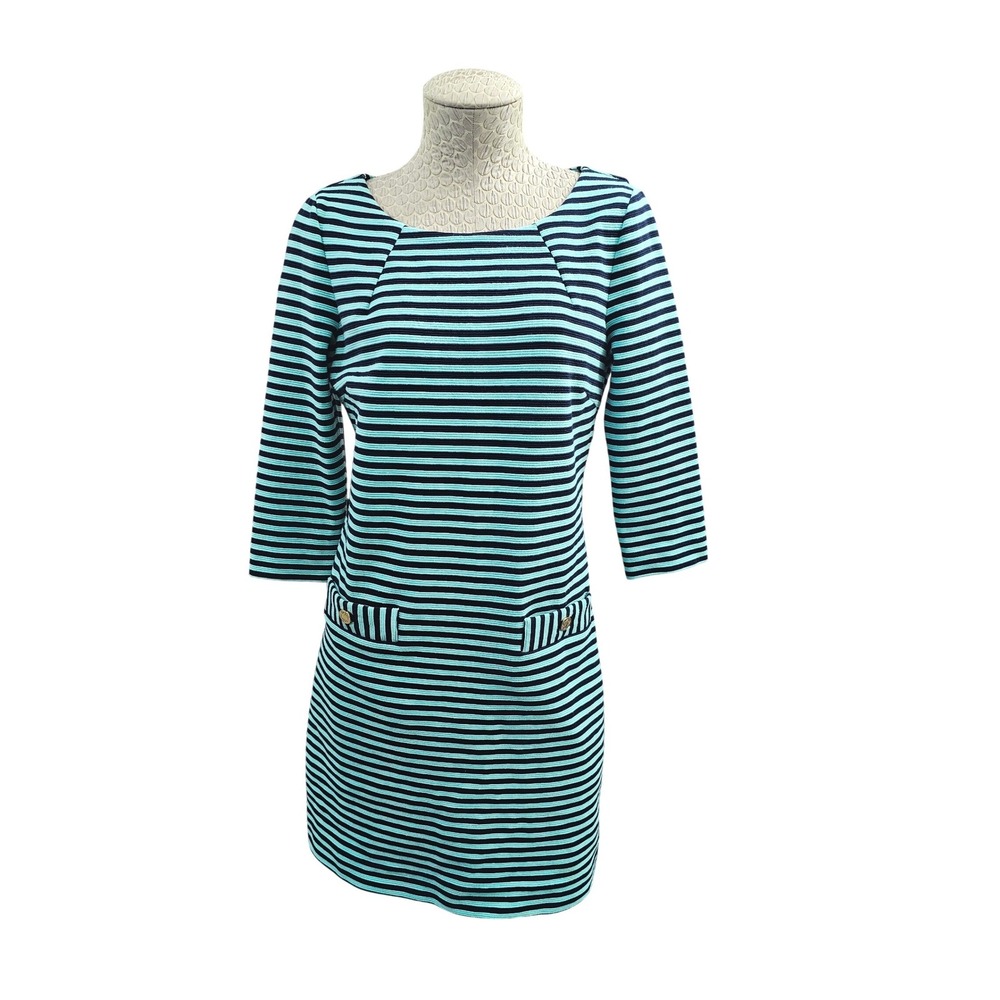 Lilly Pulitzer Charlene Striped 3/4 Sleeve Pocket Shift Dress Navy Aqua Size M